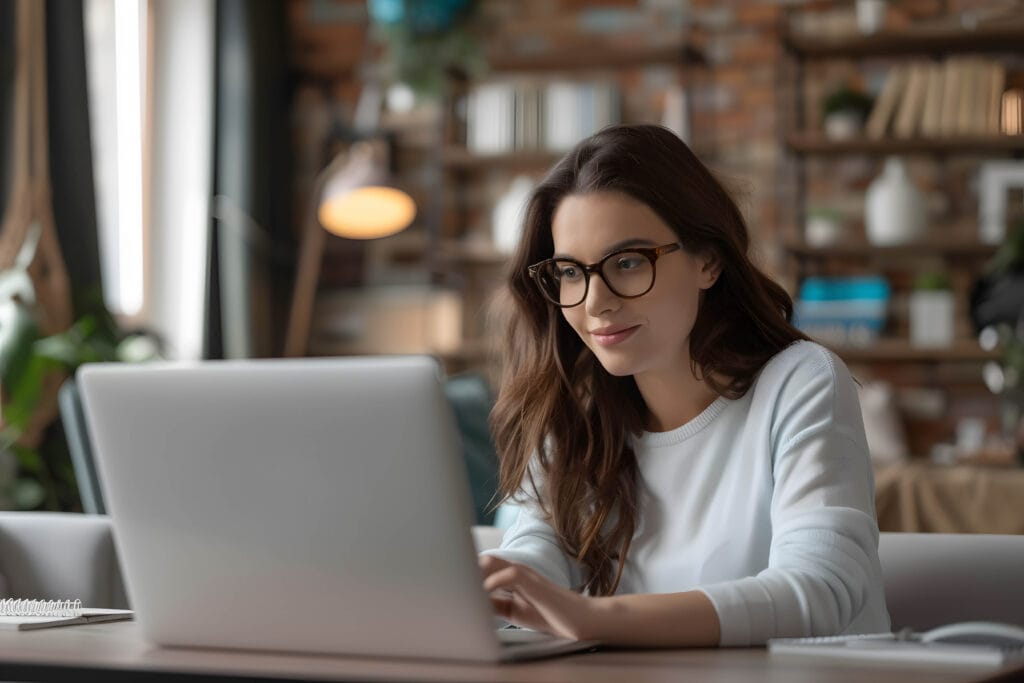 Młoda, uśmiechnięta kobieta w okularach pracująca przy komputerze