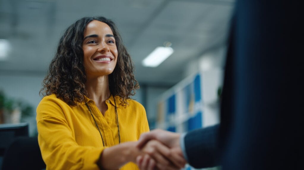 Beneficjentka i przedstawiciel Instytucji wymieniają uścisk ręki po podpisaniu umowy o dofinansowanie projektu