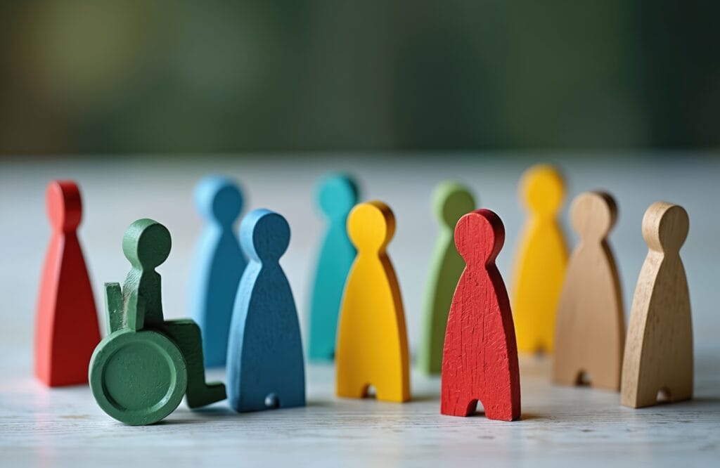 Drewniane figurki w różnych kolorach przedstawiają różnorodność i inkluzywność. W grupie znajduje się osoba na wózku inwalidzkim.