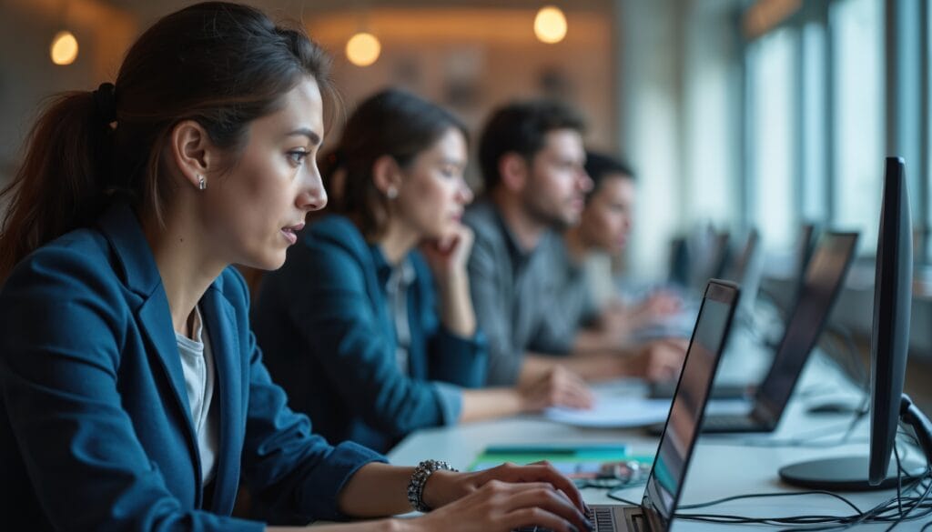 Grupa urzędniczek i urzędników weryfikująca na laptopach wnioski o płatność podczas warsztatów komputerowych