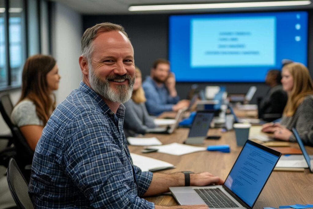 Grupa zadowolonych urzędniczek i urzędników w różnym wieku, uczestnicząca w warsztatach komputerowych