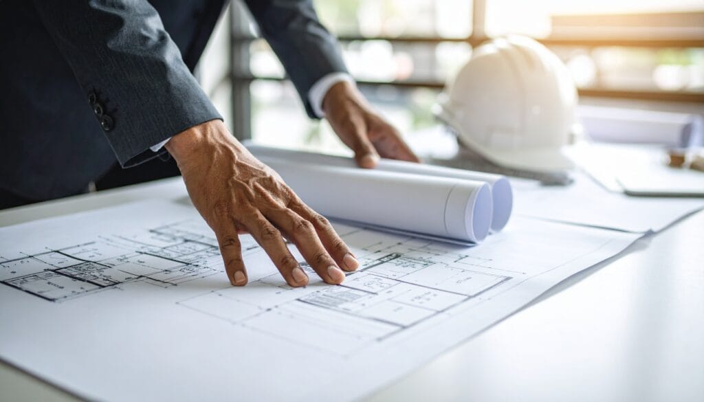 Inżynier nadzoru, analizuje plany architektoniczne projektu budowlanego