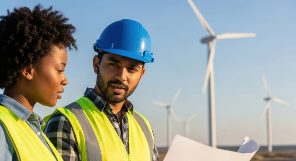 Inżynierka i inżynier w kamizelkach bezpieczeństwa omawiają plany dotyczące wykorzystania odnawialnych źródeł energii będąc na zewnątrz, w słoneczny dzień, w pobliżu turbin wiatrowych