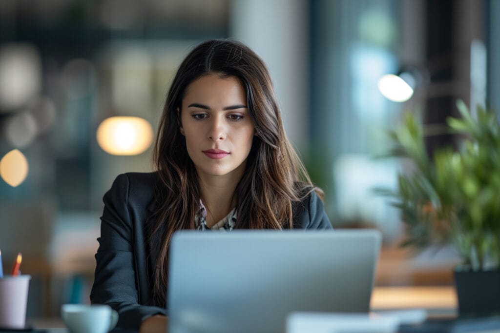 Młoda kobieta pracująca w skupieniu na laptopie w nowoczesnym biurze