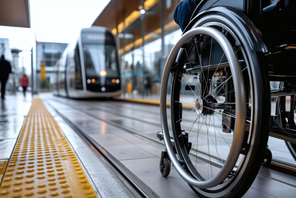 Osoba korzystająca z wózka inwalidzkiego na stacji komunikacji miejskiej.