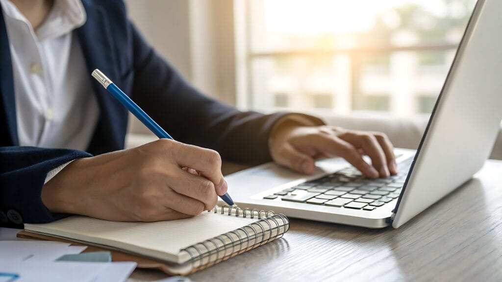 Osoba siedząca przy biurku, przed komputerem, rozliczająca projekt w systemie CST2021