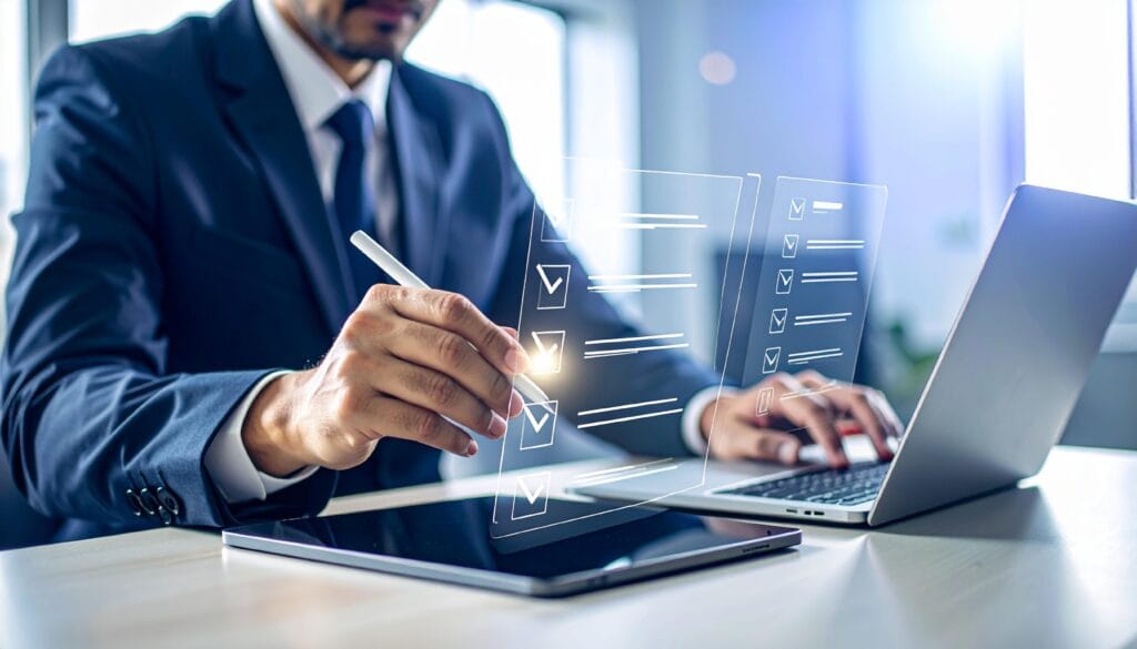 Kontroler wypełnia cyfrową listę kontrolną na tablecie z laptopem w nowoczesnym biurze